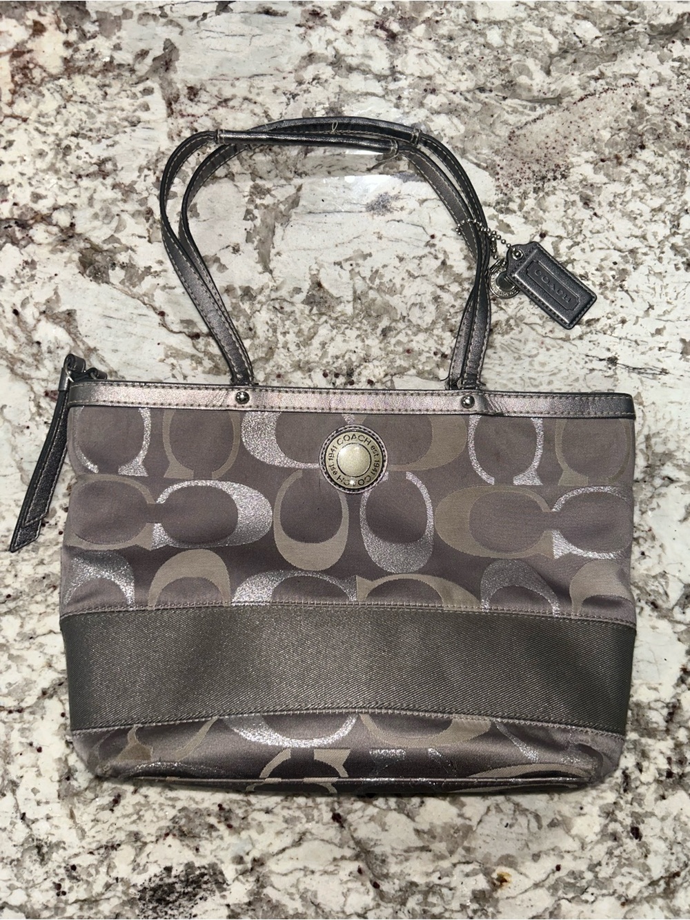 Authentic VTG Coach Signature C Jacquard Shoulder Bag in Metallic Gray and Taupe